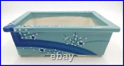 10 x 8 Japanese Celadon Glazed Pottery Blue Prunus Footed Bonsai Pot Planter