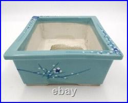 10 x 8 Japanese Celadon Glazed Pottery Blue Prunus Footed Bonsai Pot Planter
