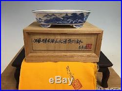 Blue Painted Ito Gekkou Shohin Size Bonsai Tree Pot With Box N Cloth 4 1/4