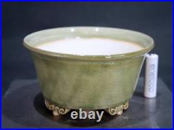 Bonsai Small Pot Signed FUKA Round 2.9H Flower pot Planter Green unused