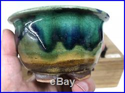 Green Blue Round Glazed Shohin Size Bonsai Tree Pot By Fugushige Bushuan 4 3/8