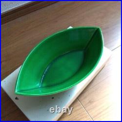 Pottery Flower Bright Green VASE for IKEBANA Used from Japan W19.5cm H4.5cm