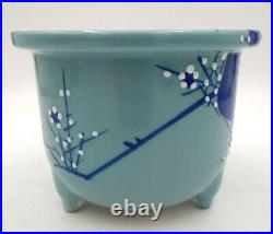 Vtg Japanese Celadon Glazed Pottery Blue Prunus Footed Bonsai Orchid Pot Planter