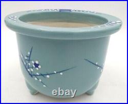 Vtg Japanese Celadon Glazed Pottery Blue Prunus Footed Bonsai Orchid Pot Planter